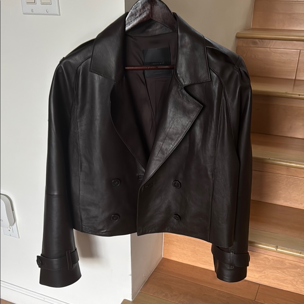 Massimo Dutti Brown Cropped Leather Jacket Size Small